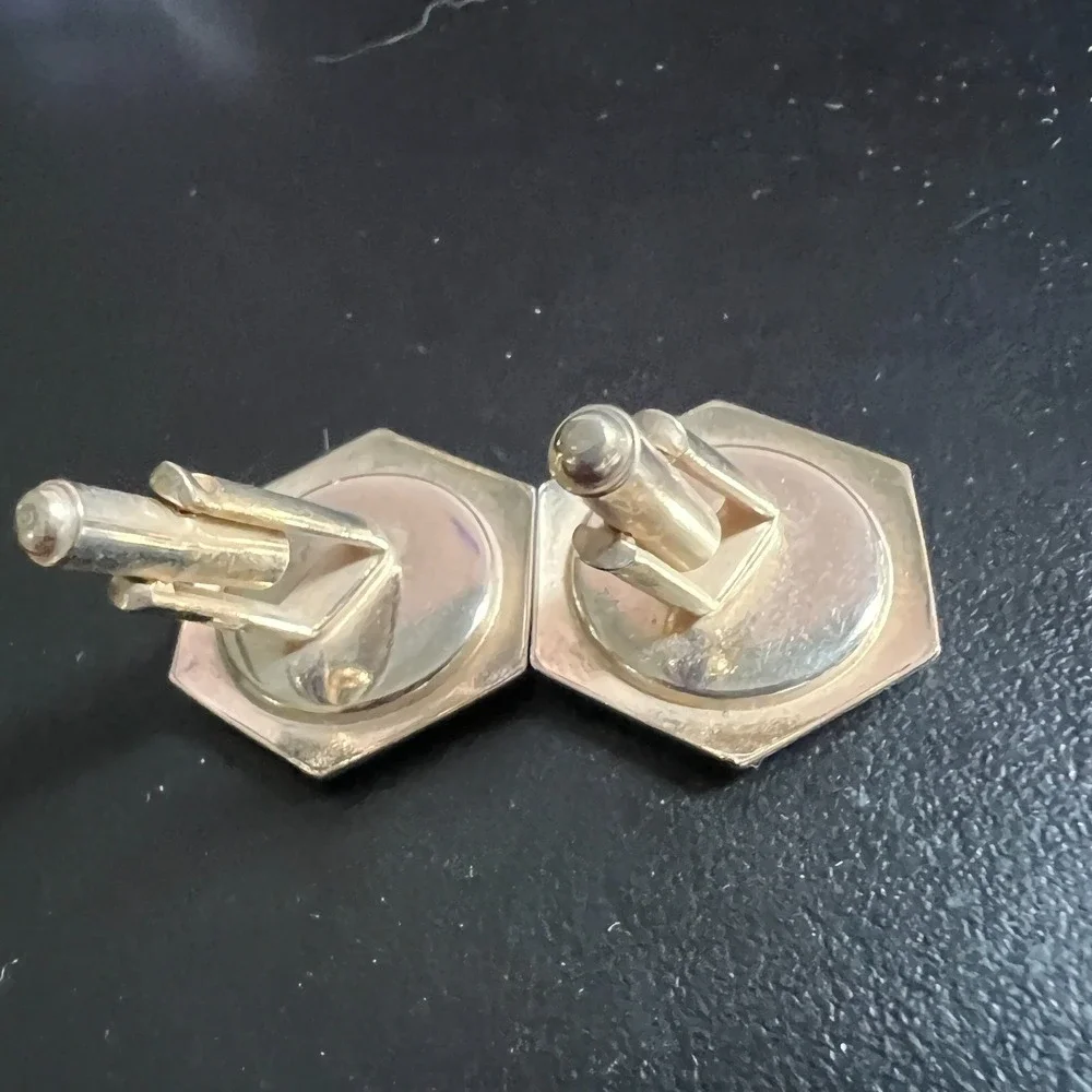Vintage Faux Mother Of Pearl Hexagon Cufflinks Gold Tone Menswear Classic Dressy